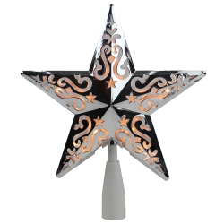 NORTHLIGHT 8.5" Lighted Silver And Star With Cut-Out Christmas Tree Topper - Clear Lights In White