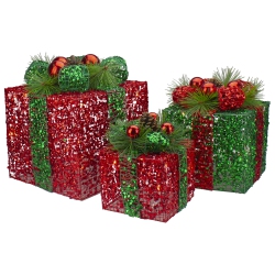 NORTHLIGHT Set Of 3 Led Lighted And Green Glitter Threaded Gift Boxes Outdoor Christmas Decoration In Red