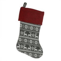 NORTHLIGHT 19" Festive Grey, White And Snowflakes & Reindeer Knit Christmas Stocking In Red