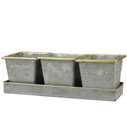 MELROSE Set Of 3 Decorative Square Pots With Gold Colored Accents In A Tray 15.5" In Gray