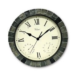 SWIM CENTRAL 15" Battery Operated Faux Stone Large Print Roman Numeral Outdoor Clock With Thermometer And Hygrometer