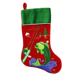 NORTHLIGHT 19.5" Velveteen Fishing Themed Christmas Stocking With Green Cuff In Red