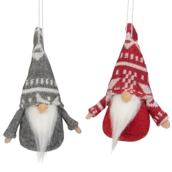 NORTHLIGHT Set Of 2 Gray And Santa Gnome Hanging Christmas Ornaments 4" In Red