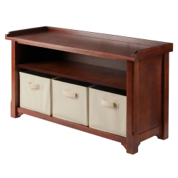 SLICKBLUE Verona 4-PC Storage Bench With 3 Foldable Fabric Baskets, Walnut And In Beige