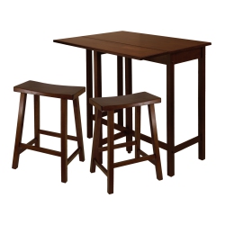 SLICKBLUE Lynnwood 3-PC Drop Leaf Table With Saddle Seat Counter Stools, Walnut