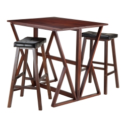 SLICKBLUE Harrington 3-PC Drop Leaf High Table With Cushion Saddle Seat Bar Stools, Walnut And In Black