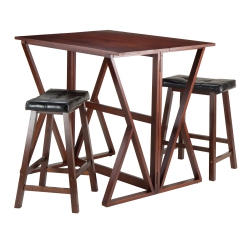 SLICKBLUE Harrington 3-PC Drop Leaf Table With Cushion Saddle Seat Counter Stools, Walnut And In Black