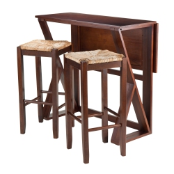 SLICKBLUE Harrington 3-PC Drop Leaf High Table With Rush Seat Bar Stools, Walnut