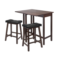 SLICKBLUE Lynnwood 3-PC Drop Leaf Table With Cushion Saddle Seat Counter Stools, Walnut And In Black