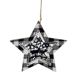 NORTHLIGHT 5" Buffalo Plaid Star With Reindeer Christmas Ornament In Black