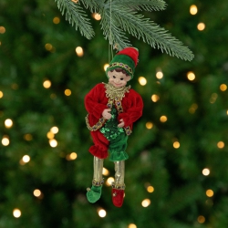 NORTHLIGHT Bendable Elf In A Suit Hanging Christmas Ornament - 12" - And Green In Red