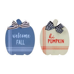NORTHLIGHT Set Of 2 And Beige Fall Harvest Wooden Pumpkin Welcome Plaques 8" In Blue