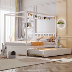 GYMAX Full Size Canopy Bed With Trundle Wooden Platform Bed Frame Headboard