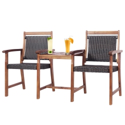 SLICKBLUE 2-Seat Patio Rattan Acacia Wood Table With Umbrella Hole