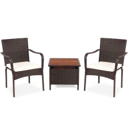 SLICKBLUE 3 PCs Patio Rattan Furniture Bistro Set With Wood Side Table And Stackable Chair
