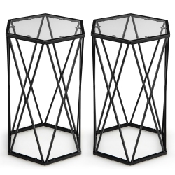 COSTWAY Set Of 2 End Table Tempered Glass Top Metal Frame Hexagonal Accent Side Table