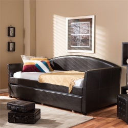 BOWERY HILL Modern Faux Leather Twin Daybed With Trundle In In Brown