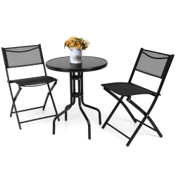 TOPBUY 3-Piece Patio Bistro Dining Furniture Set, Outdoor Patio Conversation Set With Round Tempered Glass Tabletop And 2 Folding Chairs In Black