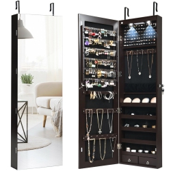 GYMAX Mirrored Wall & Door Mounted Jewelry Storage Cabinet Organizer W/ Lights&drawer
