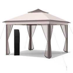 COSTWAY 11'x11' 2-Tier Pop-Up Gazebo Tent Portable Canopy Shelter Carry Bag Mesh Brownbeige