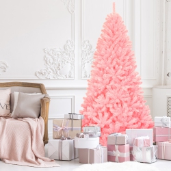 GYMAX 7.5Ft Artificial Christmas Tree Hinged Spruce Full Tree W/ Metal Stand In Pink