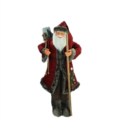 NORTHLIGHT 48" And Brown Santa Claus With Walking Stick Standing Christmas Figure In Red