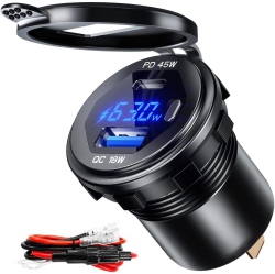 DOLAER USB C Car Charger Socket 12V/24V USB Outlet, 45W Pd Type C & 18W Qc 3.0 Car Dual USB Port \w Led Voltmeter & Button Switch Diy Car Socket For