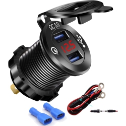DOLAER Aluminium Car Charger Quick Charge 3.0 Dual USB Phone Charger Socket Waterproof USB Power Outlet \w Voltmeter 10A Fuse for 12V/24V Car Boat