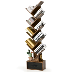 COSTWAY 10-Tier Tree Bookshelf With Drawer Free-Standing Bookcase Storage Shelf