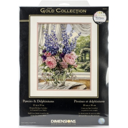 DIMENSIONS Collection Counted Cross Stitch Kit 12"x15"-Peonies/delphiniums (18 Count) In Gold