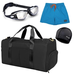 YELLOW-PRICE Men 4 In 1 Bundle - 34L Sports Gym Duffel Bag + Swimming Cap + Goggles + Trunks