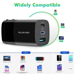 YELLOW-PRICE 65W 3-Port USB C Charger Gan Power Delviery for Macbook, USB C Laptop, Ipad Pro