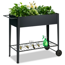 GYMAX Raised Garden Bed Elevated Planter Box On Wheels Steel Planter W/shelf