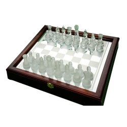 TRADEOPIA Glass Chess Set In Wooden Case: Universal Standard Chess Board Game Set - Frosted And Clear Pieces And Glass Board 35.7 X 35.7 Cm