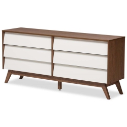 BAXTON STUDIO Hildon 6 Drawer Double Dresser In And Walnut Brown In White