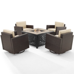 CROSLEY FURNITURE Palm Harbor 5 Piece Wicker Patio Fire Table Set In Sand And In Brown