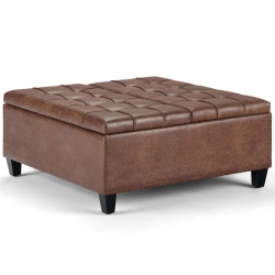 SIMPLI HOME Harrison 36" Transitional Square Coffee Table Ottoman In Umber Faux Leather In Brown