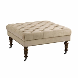 LINON Isabelle Square Tufted Wood Upholstered Ottoman In Tan In Brown