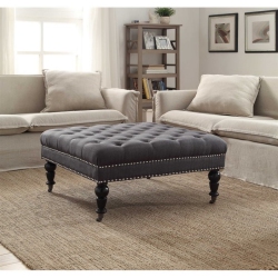 LINON Isabelle Square Wood Upholstered Ottoman In Charcoal In Gray