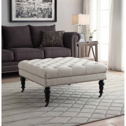 LINON Isabelle Square Wood Upholstered Ottoman In Natural In Beige