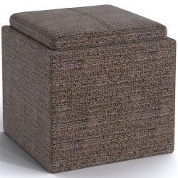 SIMPLI HOME Rockwood Square Tweed Fabric Storage Ottoman With Tray In Mink In Brown