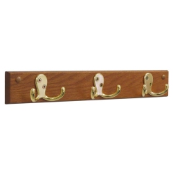 WOODEN MALLET 3 Hook Wall Coat Rack Rail In Medium Oak And Brass