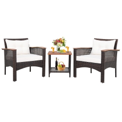 SLICKBLUE 3 Pieces Patio Rattan Furniture Set With Acacia Wood Tabletop