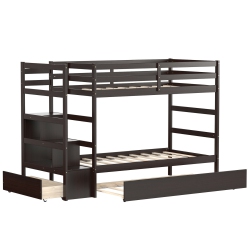 SLICKBLUE Twin Over Twin Bunk Bed With Storage Shelf And Drawer-Espresso