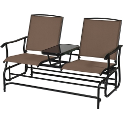 SLICKBLUE 2-Person Outdoor Double Rocking Loveseat With Breathable Mesh Seats And Built-In Tempered Glass Table