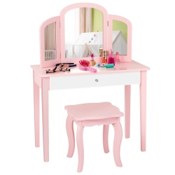 SLICKBLUE Kids Princess Make Up Dressing Table With Tri-Folding Mirror And Chair-Pink