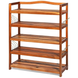 SLICKBLUE Acacia Wood Shoe Rack With Side Metal Hooks