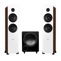 FLUANCE Ai81 Powered Floorstanding Speakers (White Walnut) Db10 10" Powered Subwoofer (Walnut) 15Ft Rca Subwoofer Cable