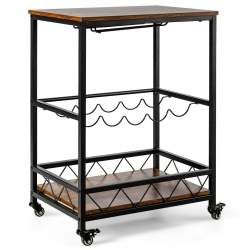 SLICKBLUE Kitchen Bar Cart Serving Trolley On Wheels With Wine Rack Glass Holder-Rustic In Brown