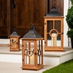 NORTHLIGHT Natural Wood Candle Lanterns With Metal Tops - 26.5" - Set Of 3 In Black